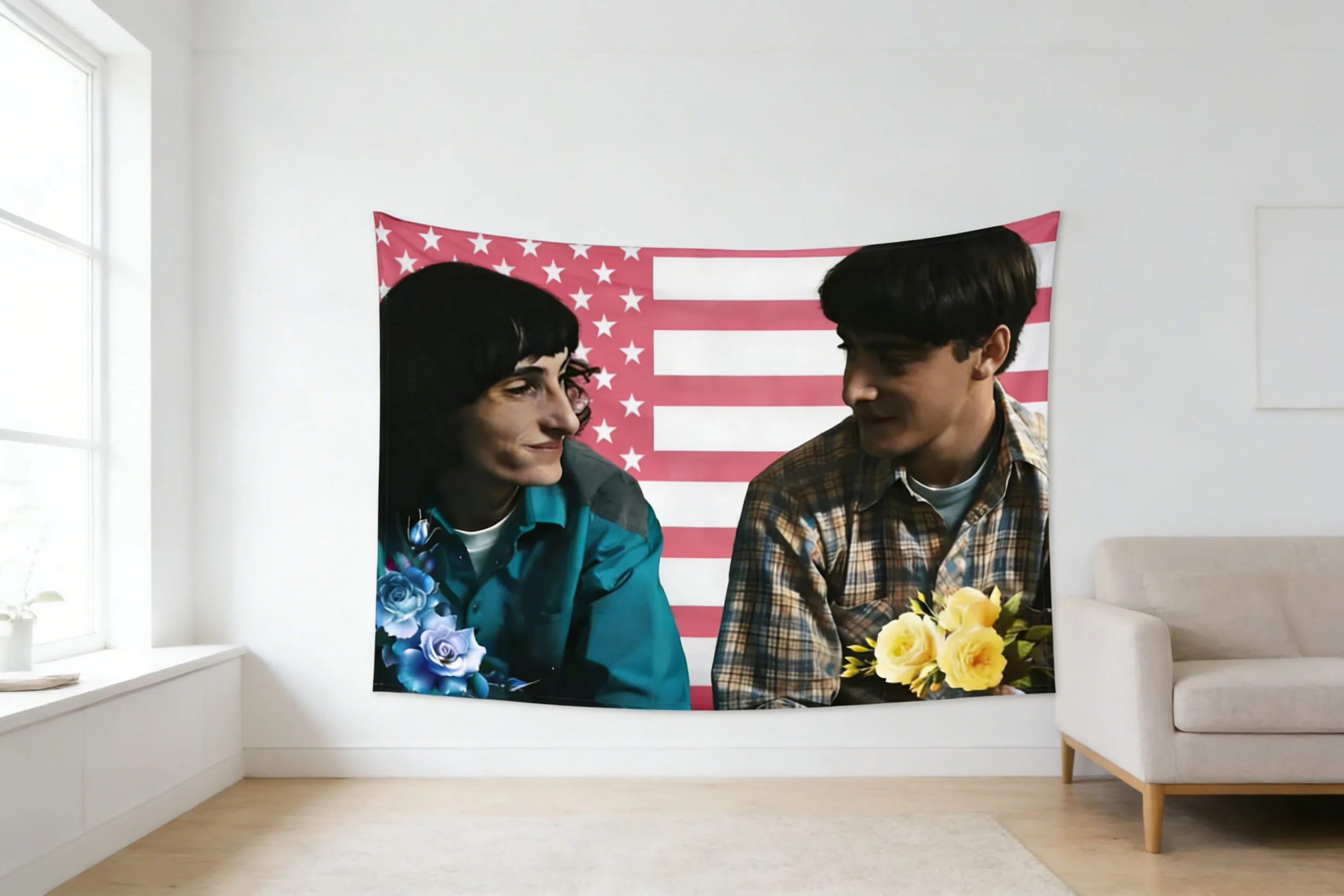 Byler Couple Fans Tapestry Pink American Flag With Floral Tapestry Bohemian Tapestry Bedroom Dorm Aesthetic Wall Hanging Decor
