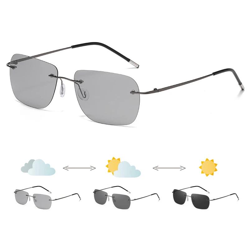 Randlose Photochrome Polarisierte Sonnenbrille für Männer und Frauen Leichtgewichtige Titan UV400 Eckige Brille Ultraleichte Rahmenlose Eyewear