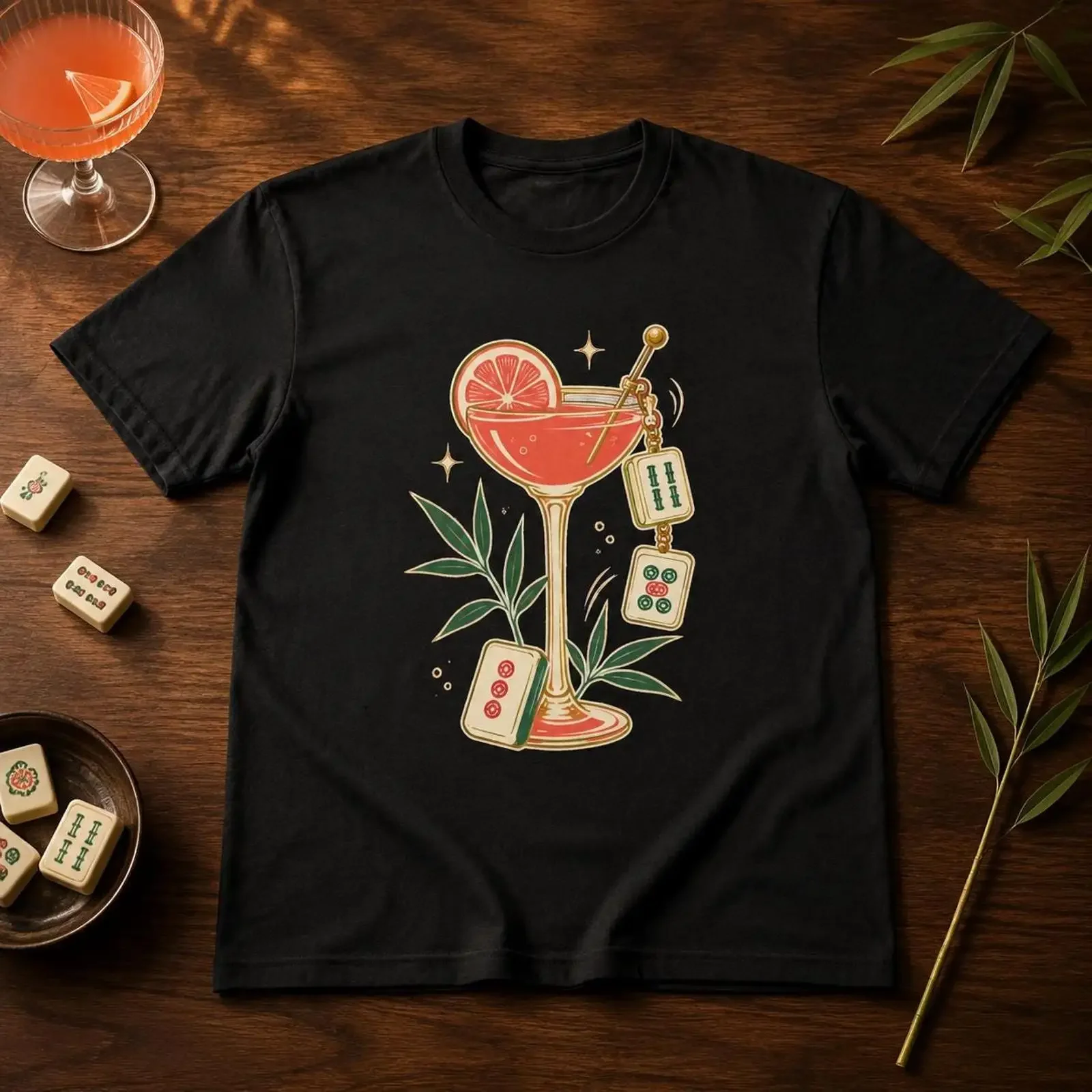 Grapefruit Cocktail with Mahjong Tiles T Shirt vintage Washed Breathable streetwear Versatile designer clothes fashion Stylish