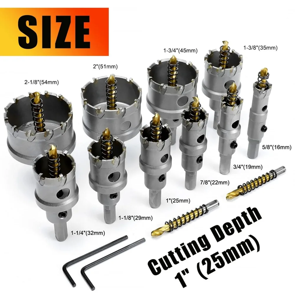 12-Piece Tungsten Carbide Tipped Hole Saw Kit for Metal, 5/8 to 2-1/8 Inch Sizes with Titanium-Coated Pilot