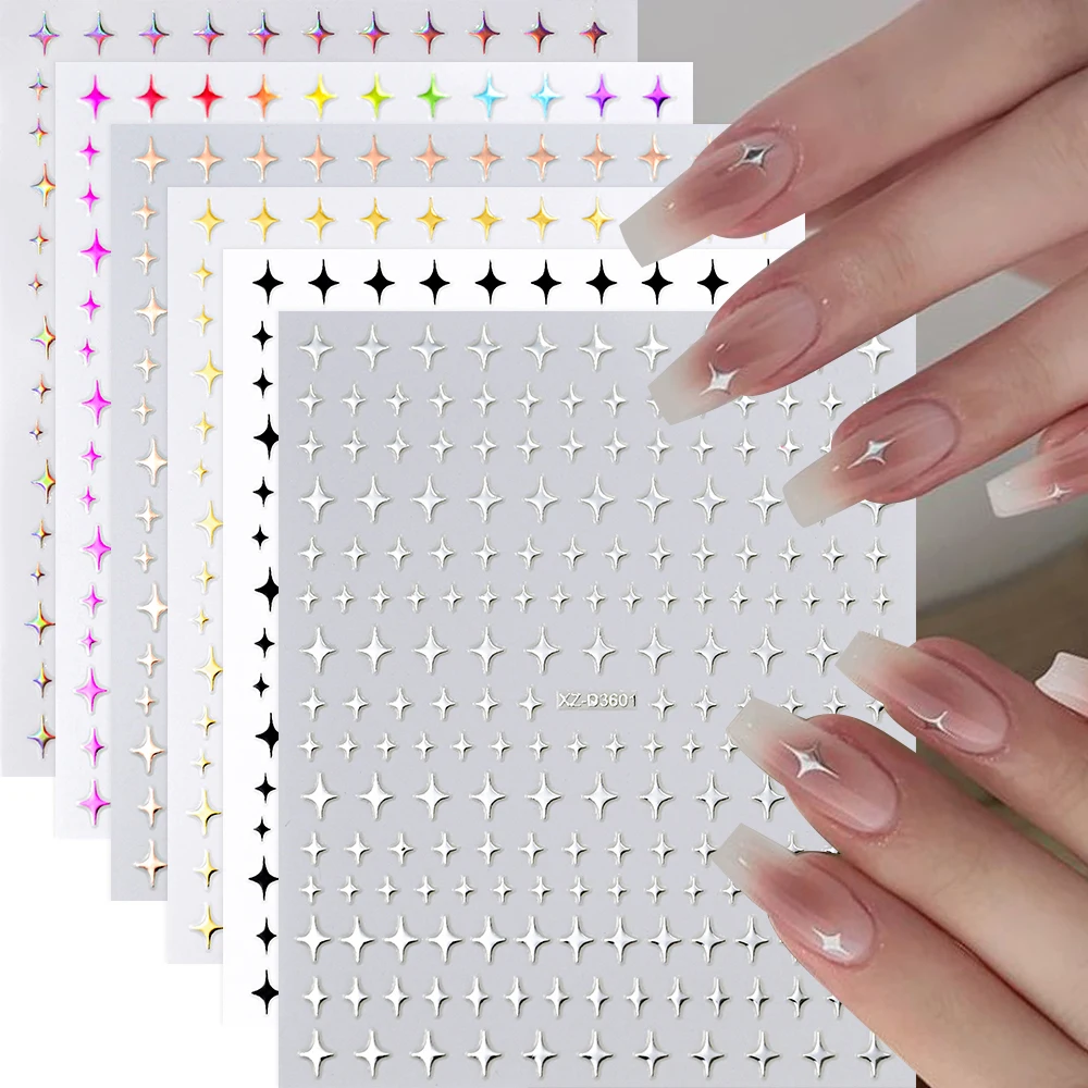 6/4Pcs Cross Starlight Design Y2K Nail Art Sticker Silver Gold Black Star Self Adhesive Decals DIY Bronzing Manicure Sliders