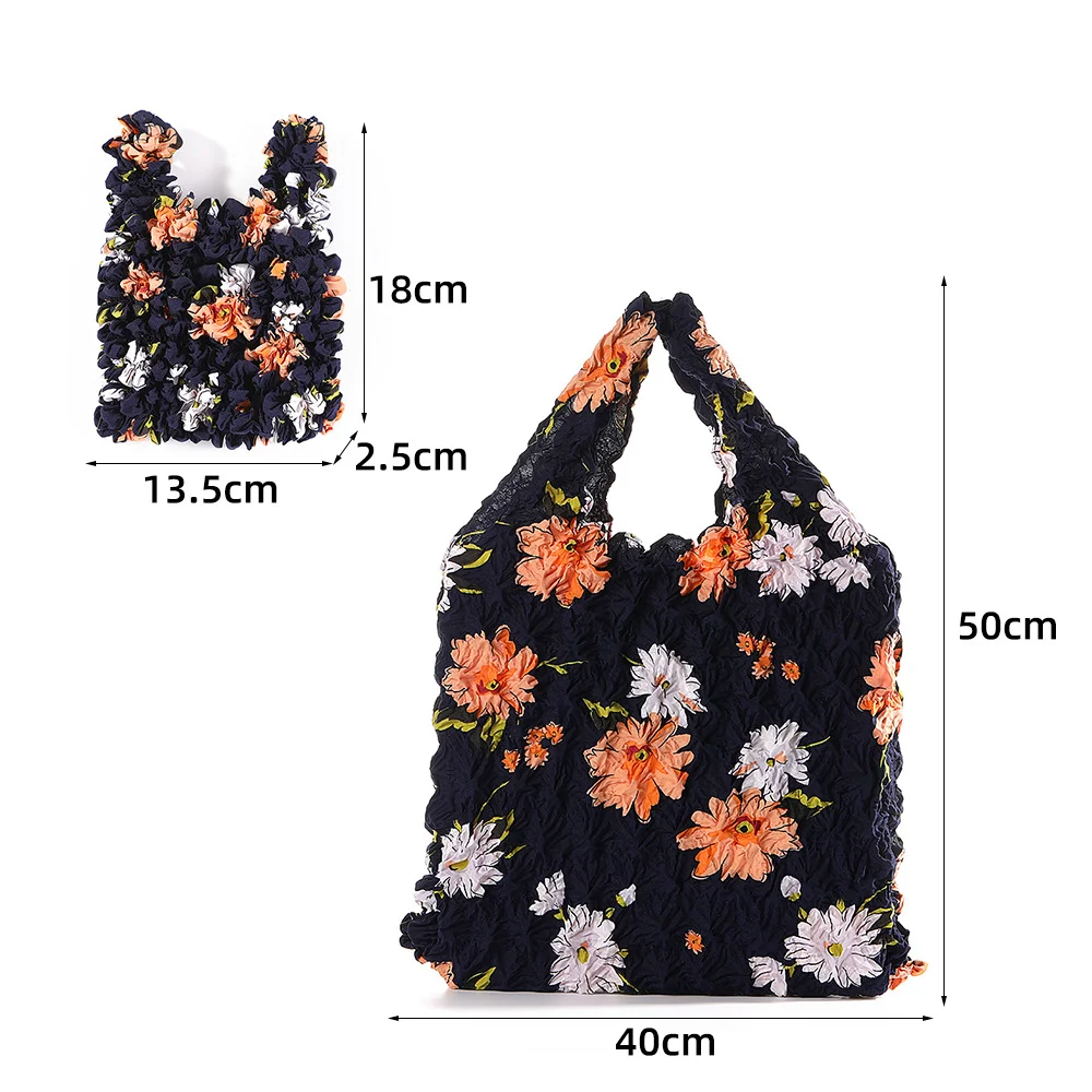 1PC Elastic Magic Handbag, Wrinkle Texture Shopping Bag, Flower Pattern Stretch Bubble Bag