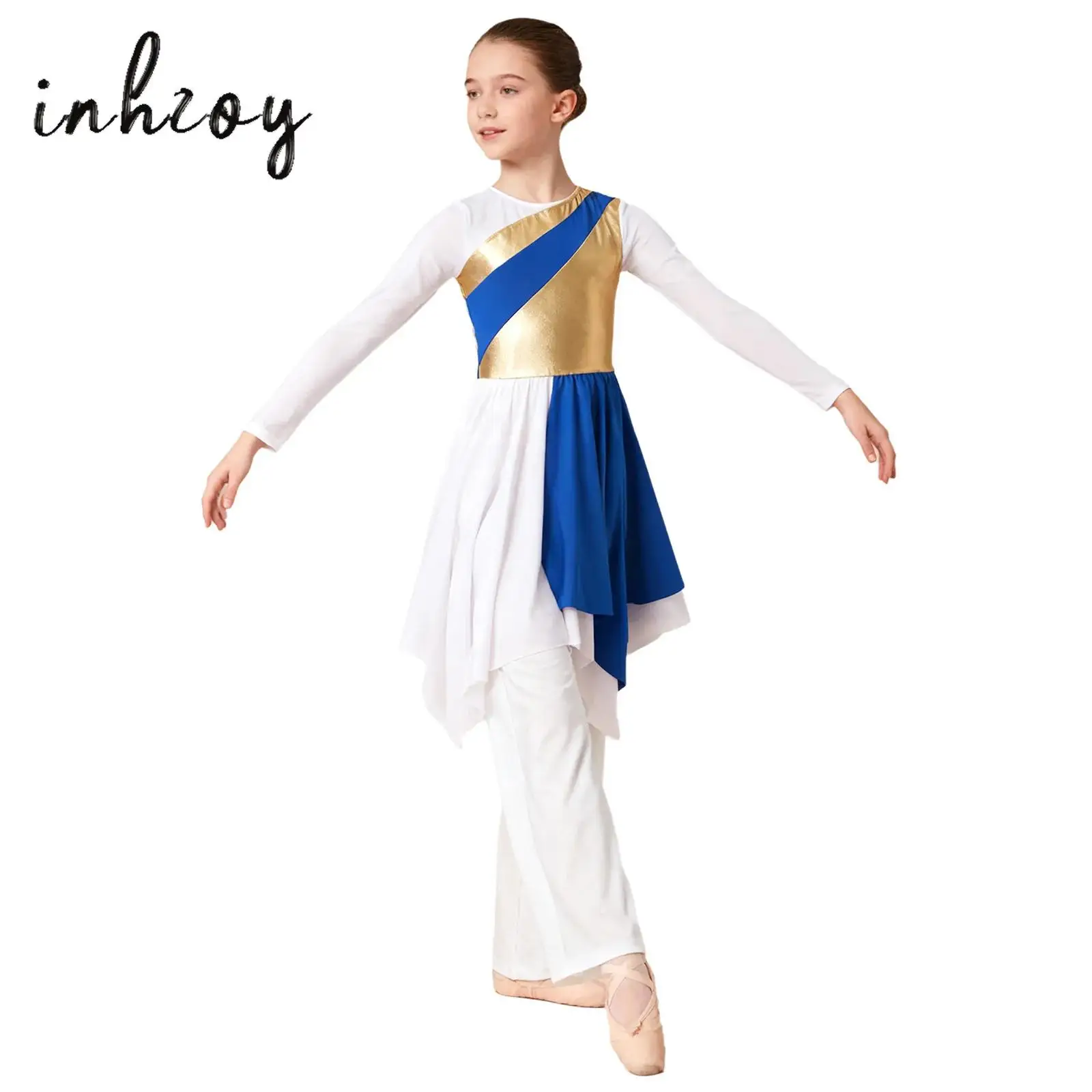 

2Pcs Kids Girls Praise Lyrical Dance Dress Worship Church Costume Long Sleeve Asymmetrical Hem Metallic Dress+Wide-Leg Pants Set