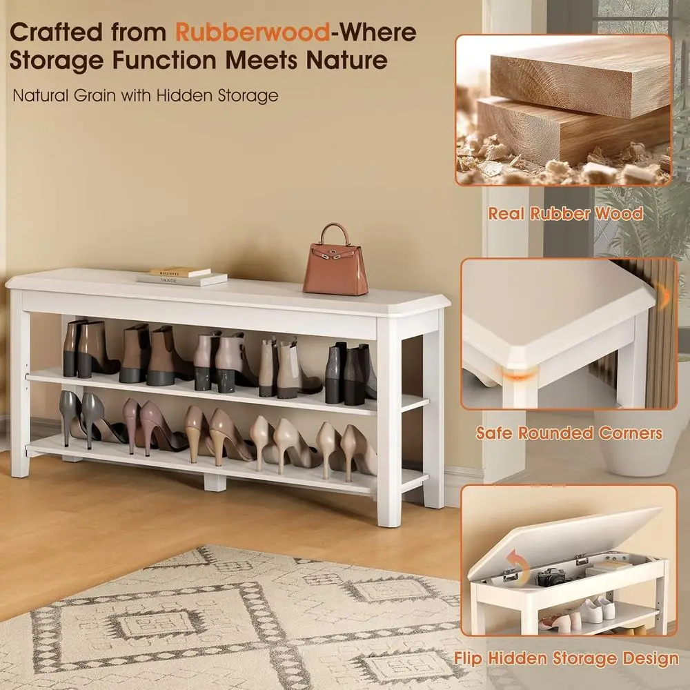 Mid-Century 2-Tier Rubberwood Shoe Storage Bench, 550lbs Capacity, Compact Design for Entryways and Halls