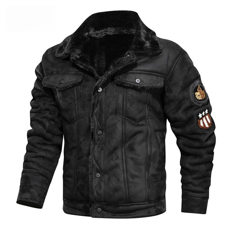 Brown Men Thick Fleece Coat Fur Lapel Multi Flap Pocket Wind Resistant Vintage Daily Flight Warm Jacket