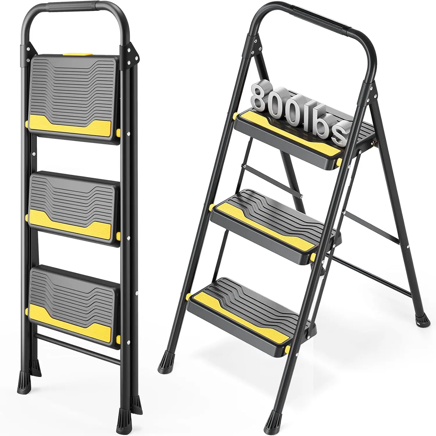 

Heavy-Duty 800lb Capacity 3-Step Ladder with Anti-Slip Steps and Handrail, Portable Folding Design for Home and Office Use
