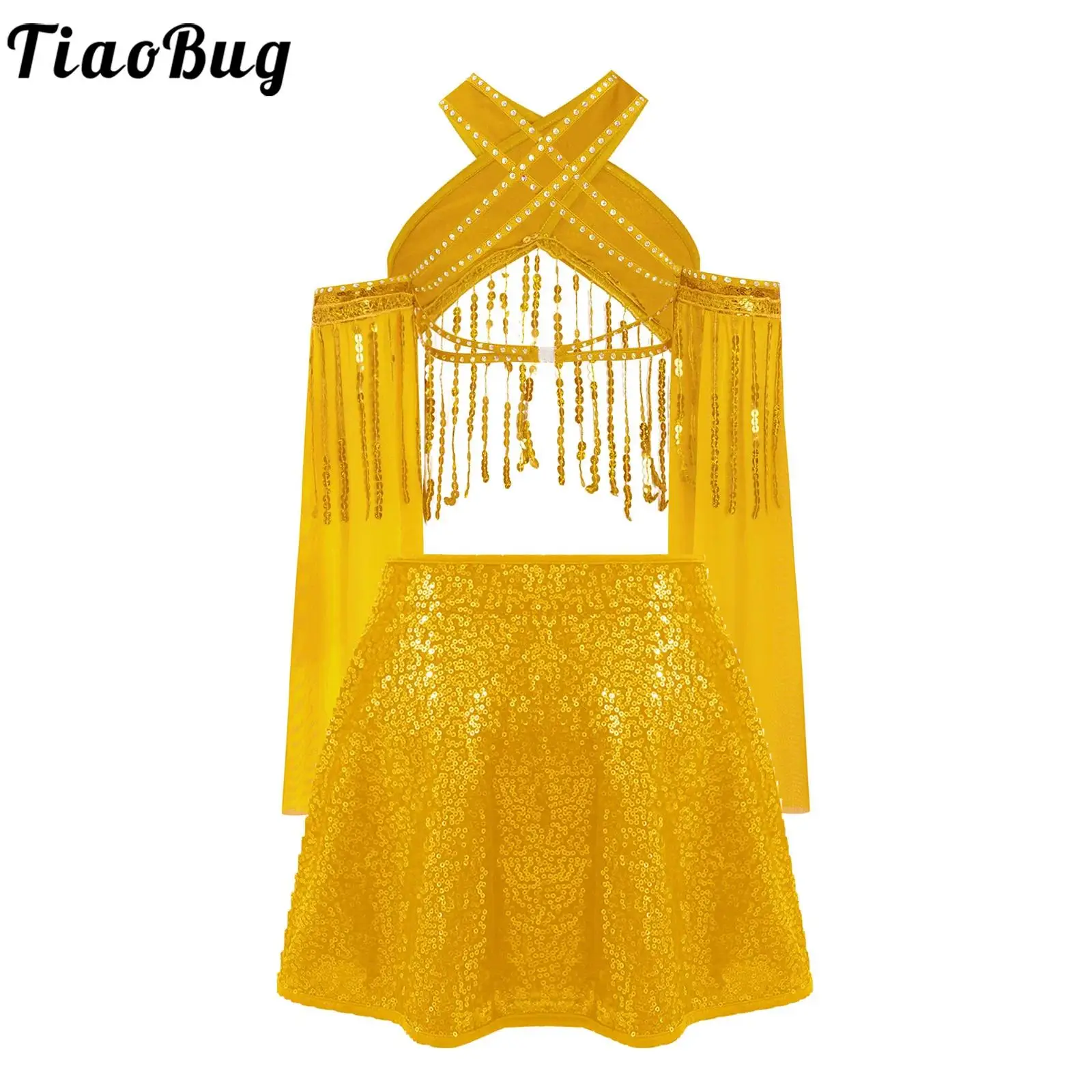 

Girls Dance Sequin Outfits Latin Jazz Belly Dance Costume Tassels Cross Crop Top with Sequined Skirts Set for Tango Performance