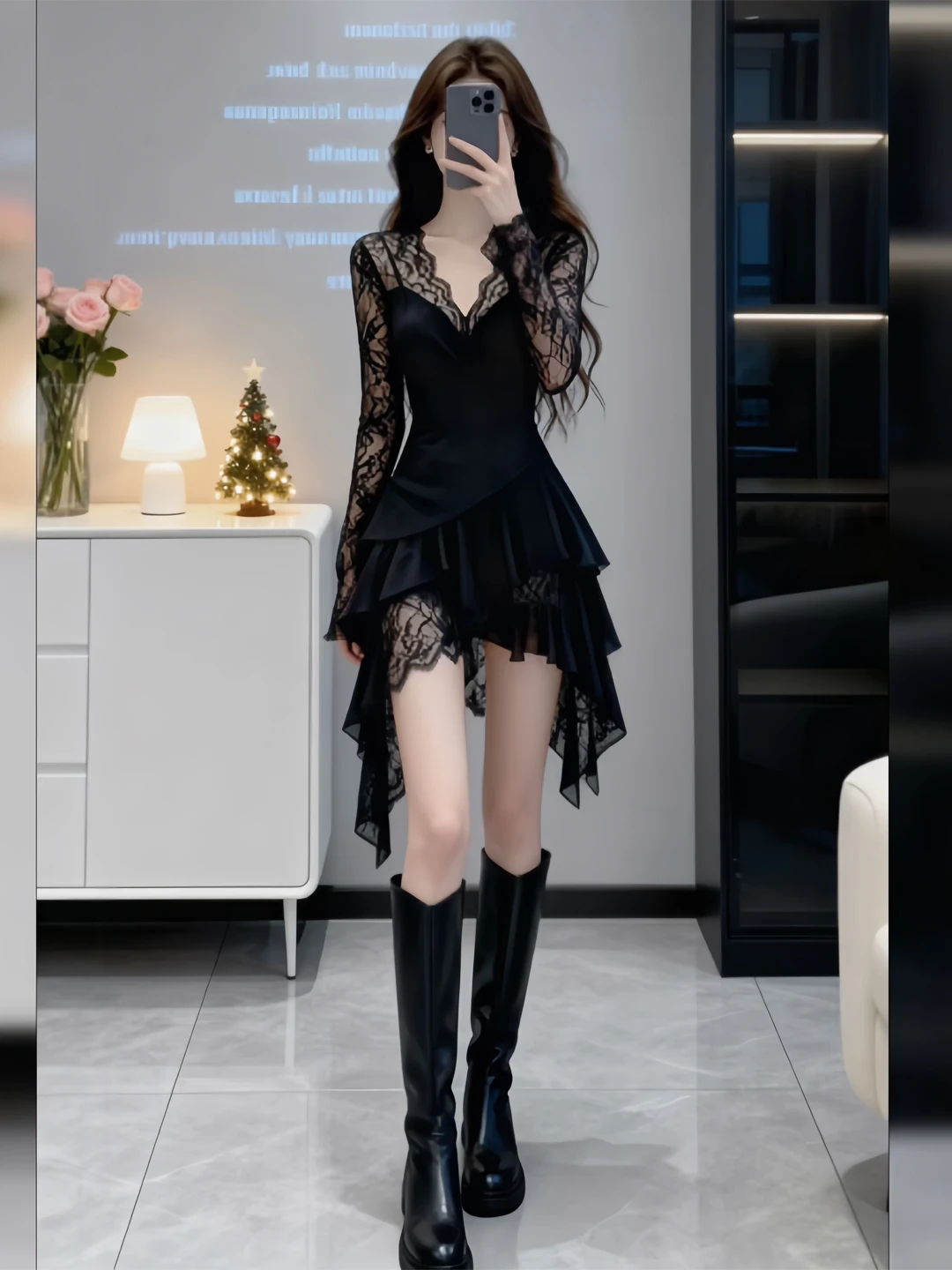 

Early Spring Black Lace V-neck Women's Long Sleeve Dress Slimming A-line Short Skirt Sexy Uneven Hemline Commute Style Dress