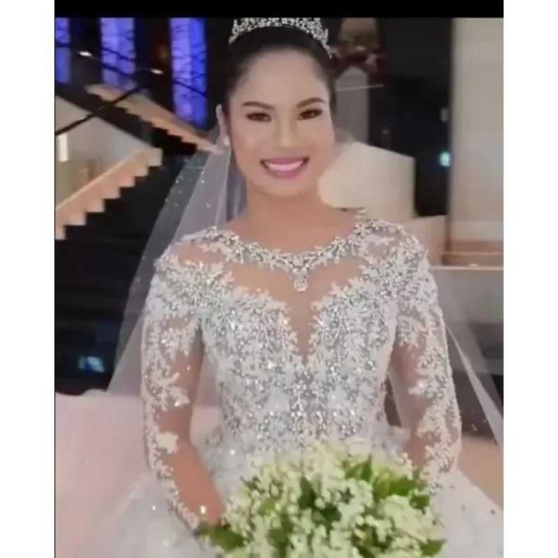 

Customized Princess Ball Plus Size Beaded Wedding Dresses Long Sleeve Bridal Gowns Vestidos De Novia Custom Made Royal Train