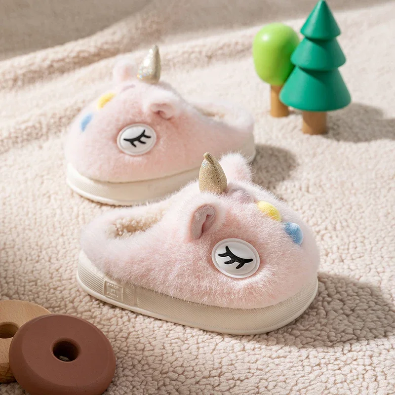 Kids Winter Cartoon Unicorn House Slippers Children Home Indoor Anti-slip Shoes Cozy Warm Outdoor Footwear for Boys Girls