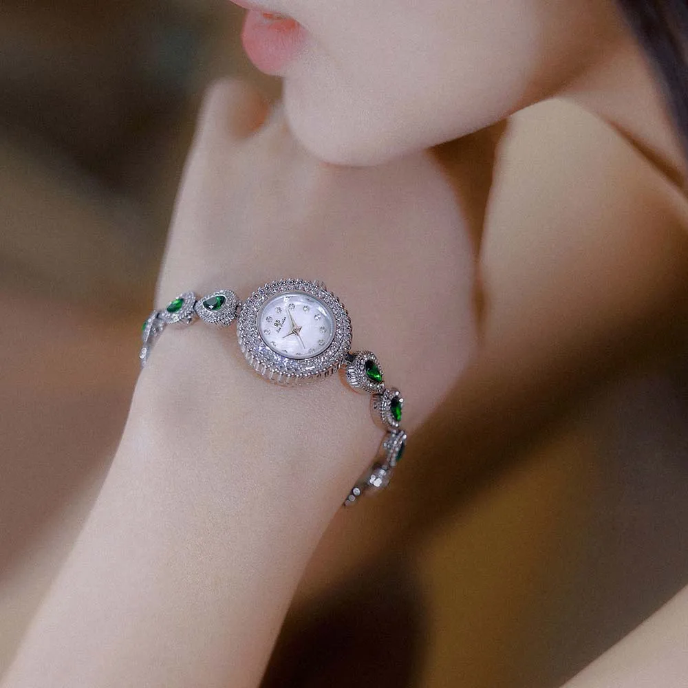 

BS новый стиль французские кварцевые часы светлые роскошные ретро изумрудно-зеленые часы с бриллиантовым браслетом в форме капли Рождественский подарок