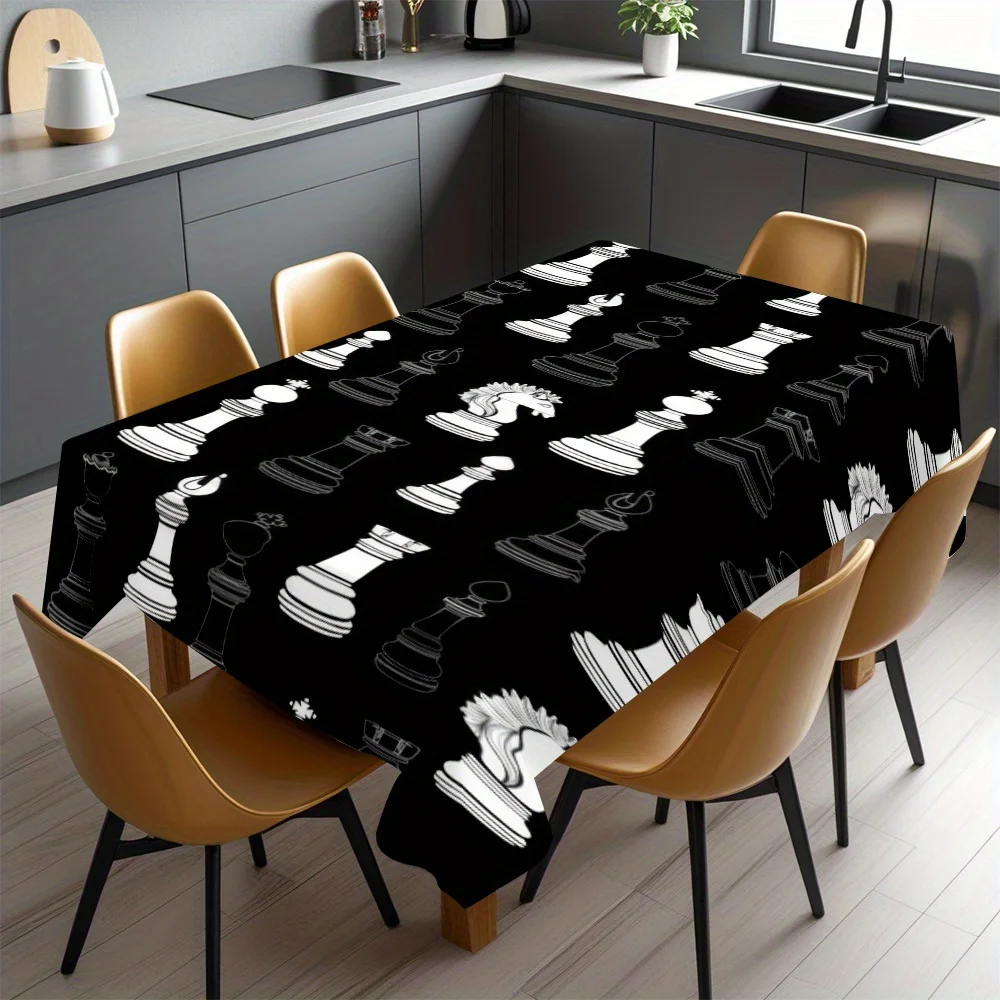 Black Chess Piece Pattern Tablecloth Waterproof Desk Cover for Game Night Party Decor