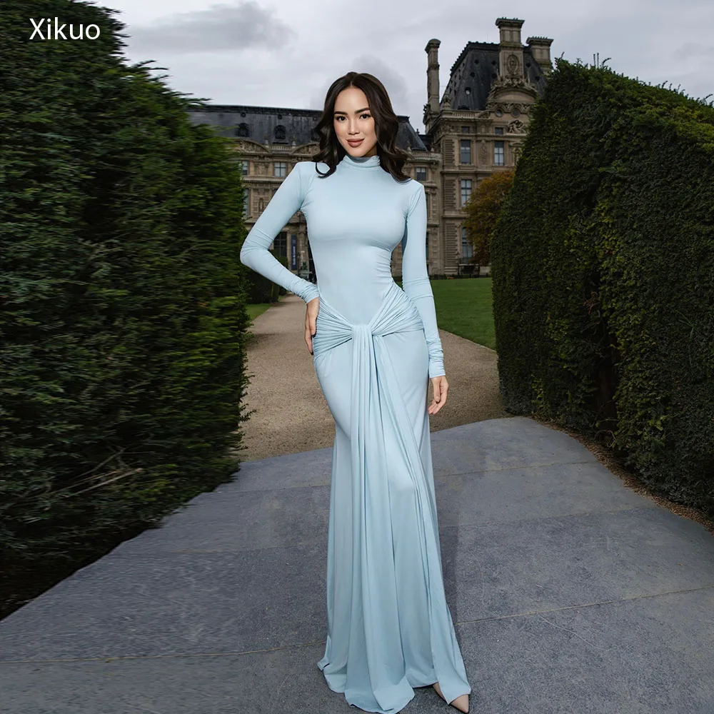 

Xikuo Mermaid Light Blue Wedding Dresses High Neck Satin Simple Evening Dresses Floor Length Bodycon Vestido De Novia Customized
