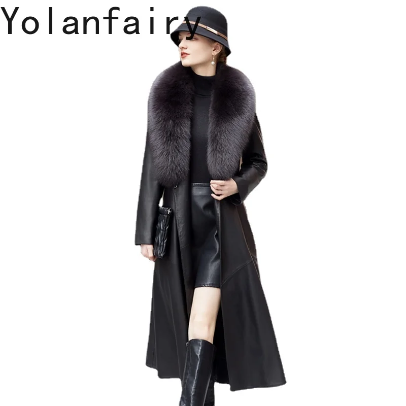 Echt leder Daunen jacke für Frauen eleganter langer Mantel neue Damen Winter jacke Slim Fit Fuchs Pelz kragen Schaffell Kleidung