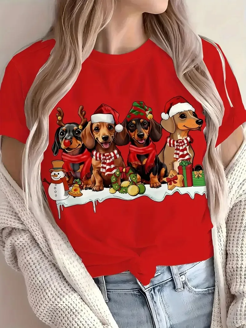 

Christmas animal dog printed round neck women's T-shirt fashion festival party street Daily short sleeved Loose women's clothing