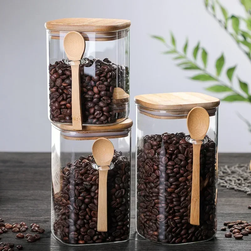 3 specifications 800-1200ml glass sealed storage tank with wooden spoon spice box coffee bean storage tank kitchen supplies box