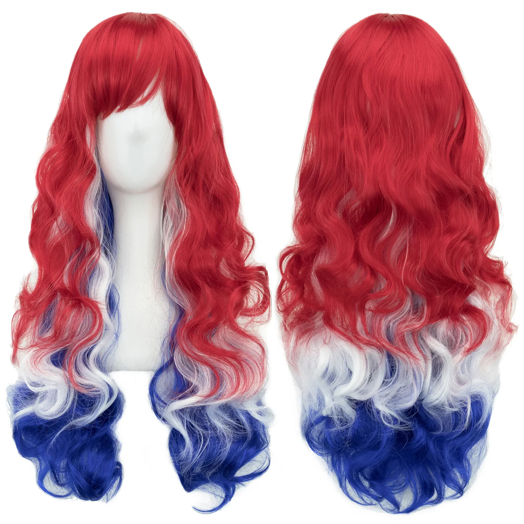 

Red White Blue Wavy Hair Cosplay Wigs with Bangs Halloween Costume Wig for Women