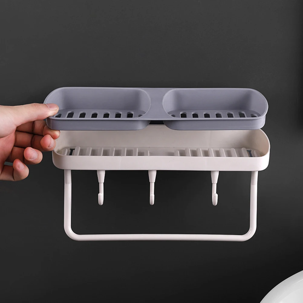 

Double Layer Wall Mounted Soap Box Punch Free Drain Rack Hooks For Towel Bath Ball Steel Wool Grey Hollow Design Soap Holder