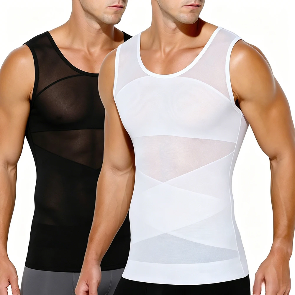 Men Mesh Compression Tank Top, Invisible Cross Tummy Control Body Shaper Vest, Slimming Shapewear for Gynecomastia Beer Belly