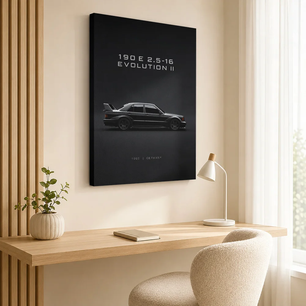 German 190E 2.5-16 Evolution II Black Sports Sedan Canvas Posters 3D Wall Art With Customized Photo For Office Ideal Driver Gift