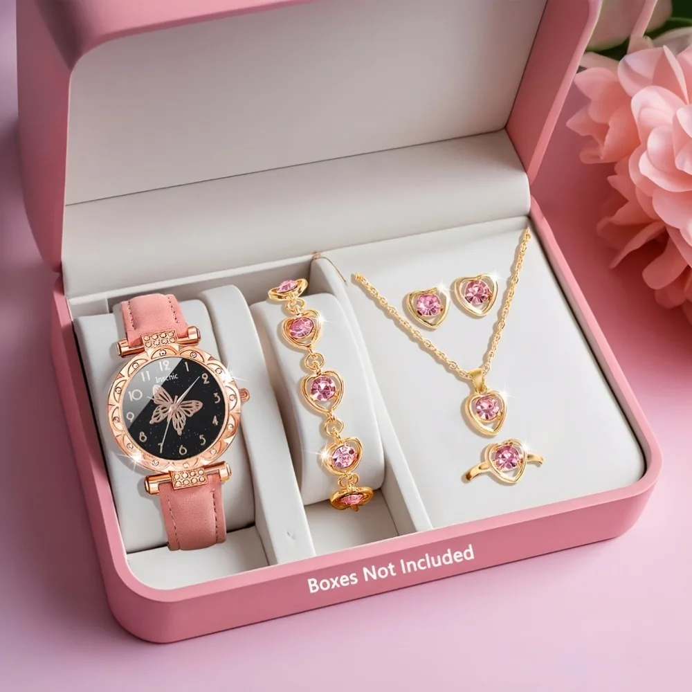 6‑Pcs Women Watch Set, Cute Romantic Fashion Quartz Watch with Ring, Bracelet, Necklace and Earrings, Decorative Jewelry Kit