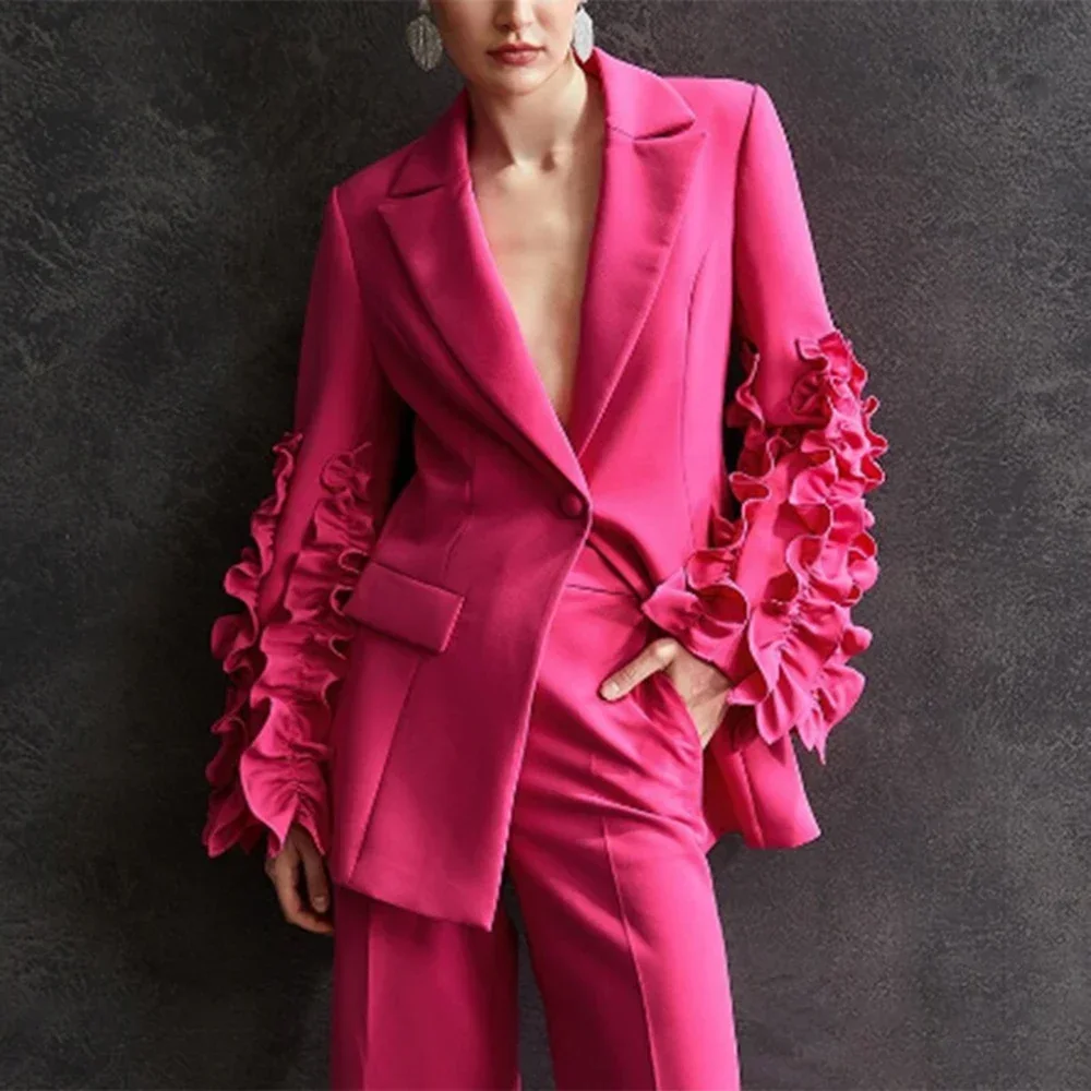 

GPBD Rose Red Splicing Ruffle Slim Blazer For Women Long Sleeve Suit Blazers Female Jacket Autumn Clothing 2024