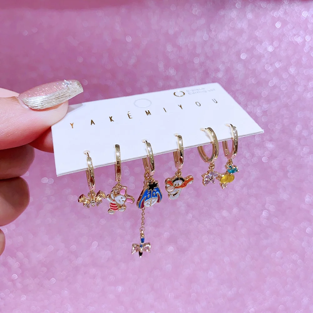 MIGGA 6pcs Mix and Match Cartoon Tiger Pig Dangle Earrings Set Gold Color Plated Women Party Jewelry