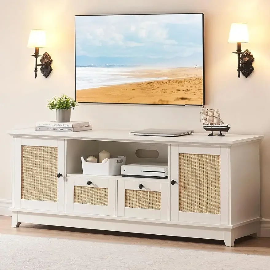 

Modern TV Stand for 65+ Inch TV, Rattan Entertainment Center TV Media Console Table w/ Storage & Mesh Door (White/Brown Desktop)