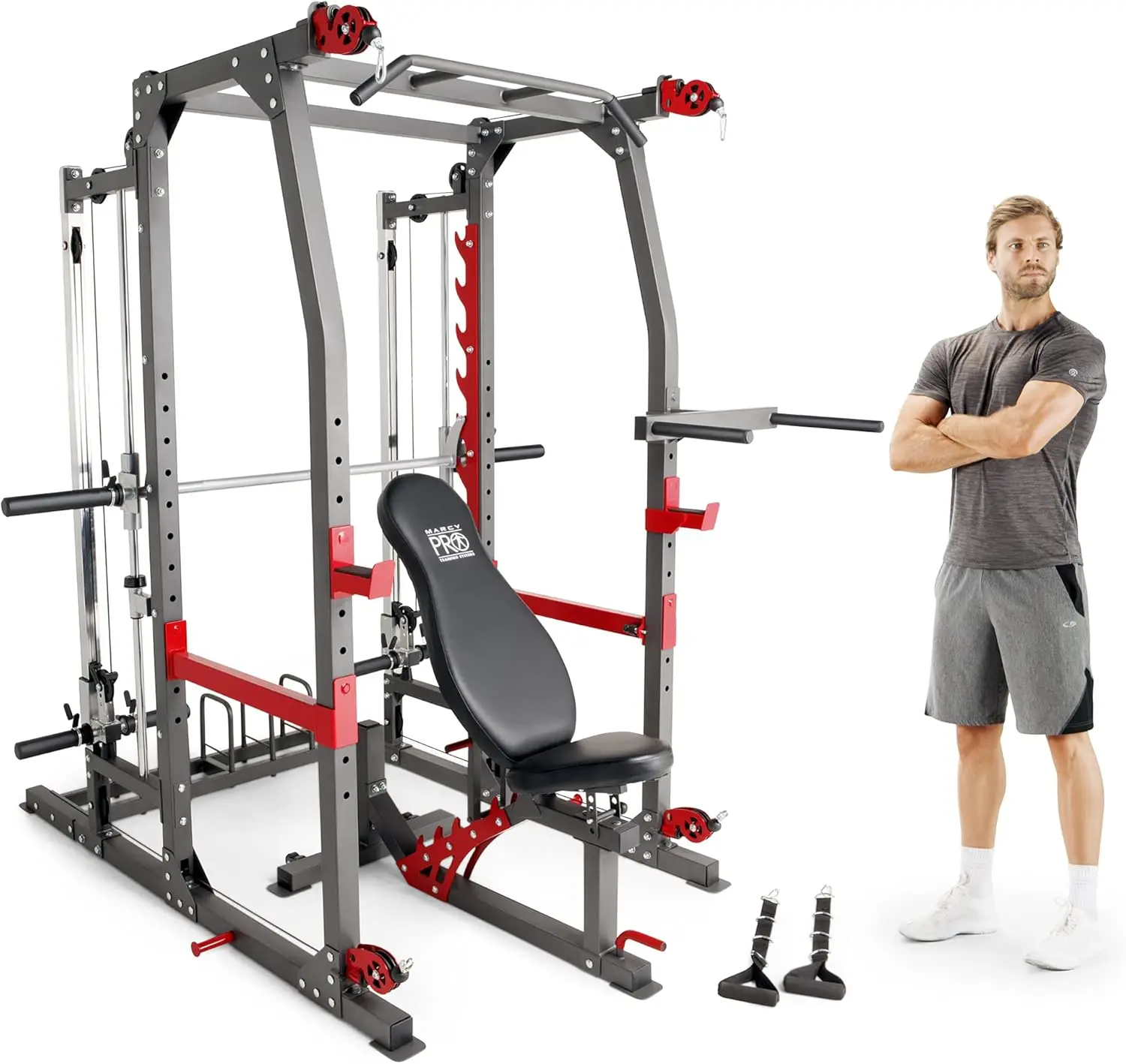 3 in 1 Smith Machine Home Gym System with Upper and Lower Dual Cable Crossovers and Adjustable Bench for Full Body Training