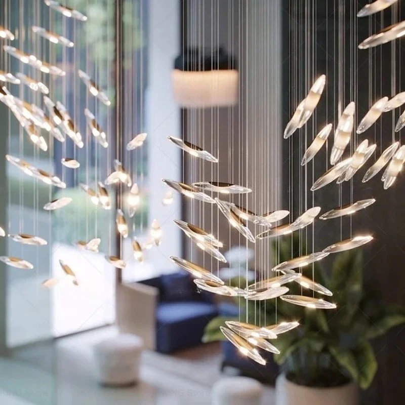 Villa Duplex Living Room Crystal Chandelier Modern Simple Spiral Fish Loft Apartment Lift Empty Stairs Long Hanging Lighting