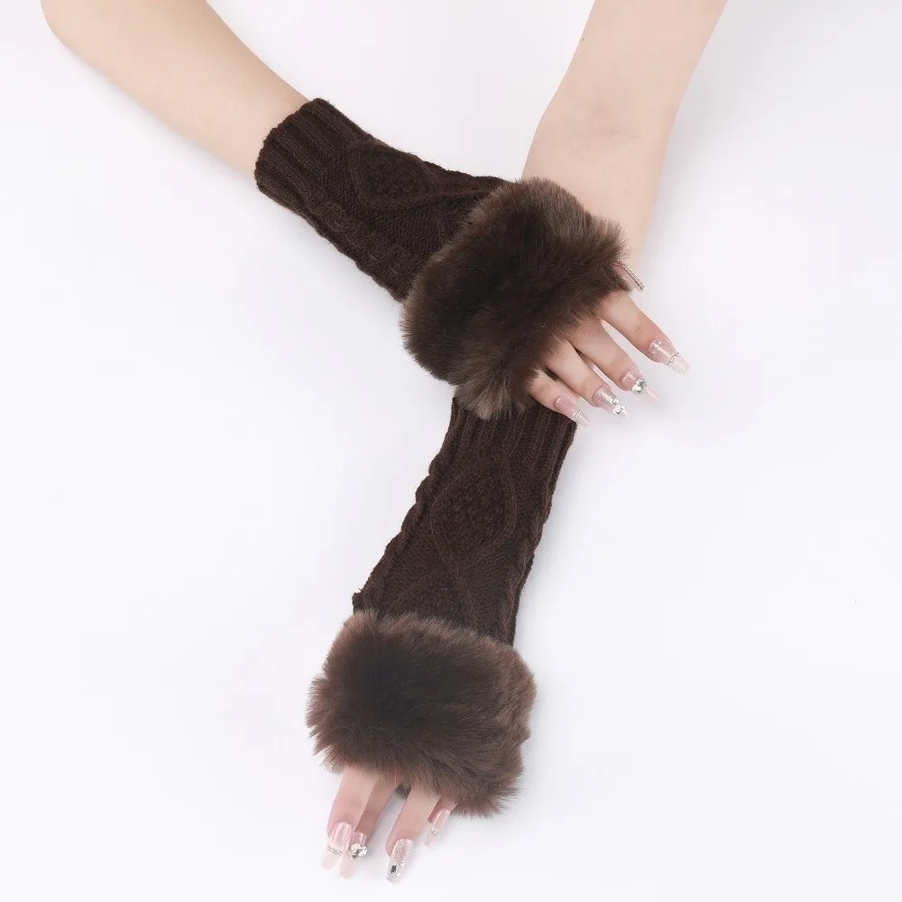 Chic Cable Knit Fingerless Arm Warmers Faux Fur Cuff Rhombus Pattern Half Finger Gloves Polyester Strench Sleeve Cover Outdoor