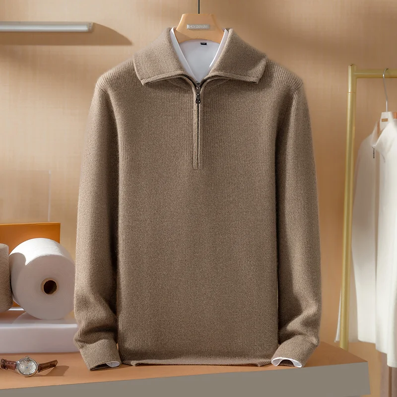 Autumn Winter 100% Pure Cashmere Sweater Men Half Open Zipper Lapel Collar Knitted Sweater Middle aged and Youth Thick Pullover.