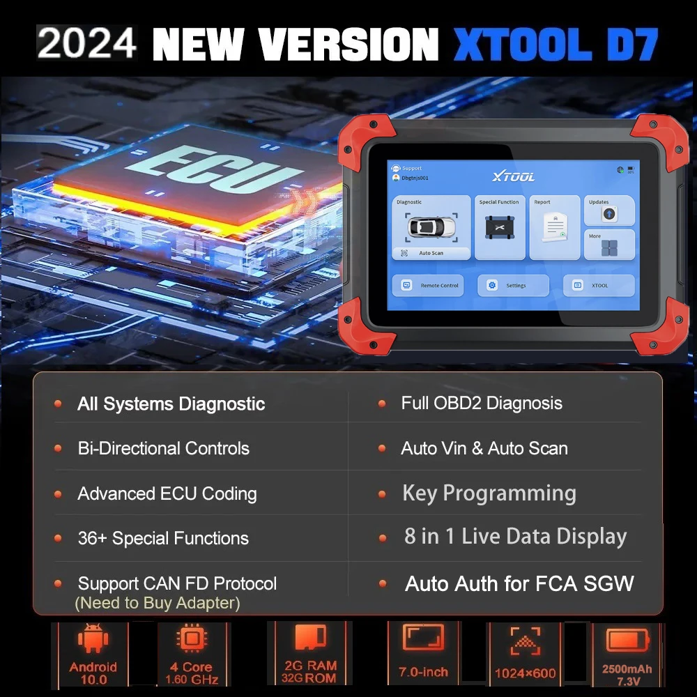 XTOOL D7 V2.0 All System Car Diagnostic Tool FCA Auto Auth ECU Coding 38+ Service Active Test OBD2 Scanner CAN FD DOIP