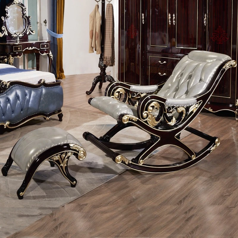 

Solid wood carving flower leather rocking chair home luxury recliner living room bedroom
