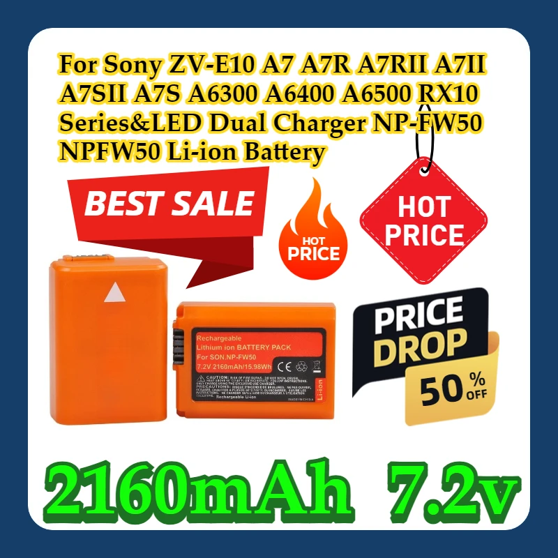 

For Sony ZV-E10 A7 A7R A7RII A7II A7SII A7S A6300 A6400 A6500 RX10 Series&LED Dual Charger 2160mAh NP-FW50 NPFW50 Li-ion Battery