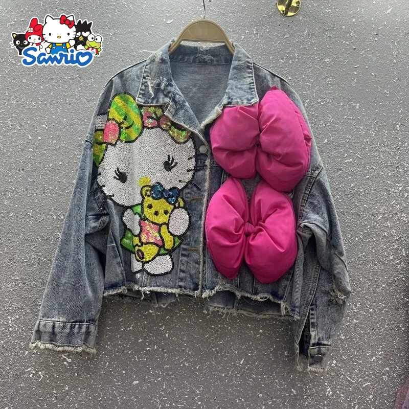 

Новинка 2025, женское свободное джинсовое пальто Sanrio Hello Kitty, джинсовая куртка с бантом и блестками, весна-осень, подарок на день рождения для девочек