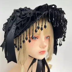 Lolita Hat Gothic Black Pearl Tassel Lace Black Rose Top Hat