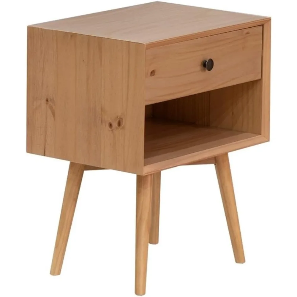 Mid Century Modern 1-Drawer Nightstand Bedroom Storage Drawer and Shelf Bedside End Table, 24 Inch, Natural Pine