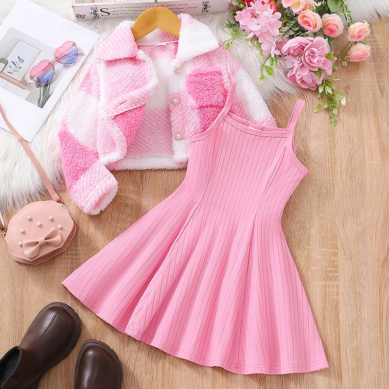 Autumn And Winter Women's Middle School And Children's Casual Fashion Sweet Hairy Coat&Strap Dress Two Piece Set