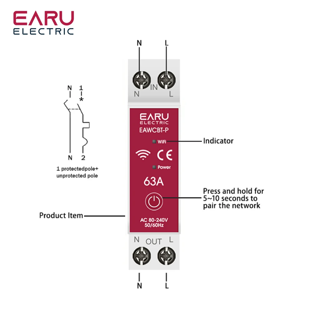 Tuya WiFi Smart Circuit Breaker EAWCBT-P MCB Timer 1P+N 63A Power Energy  Voltage Current  Protector Voice Remote Control Switch