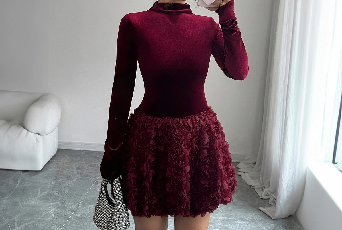 

Elegant Patchwork Long Sleeved Short Skirt Dress for Women's Clothing in Autumn/winter 2025