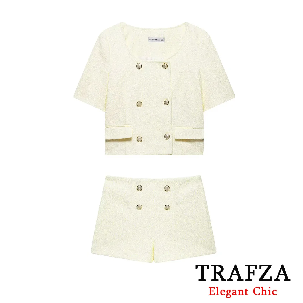 

TRAFZA-Women Elegant Beige Shorts Set Short Sleeve Square Neck Tops Mini Shorts New 2025 Summer Fashion Office Lady Mujer Set