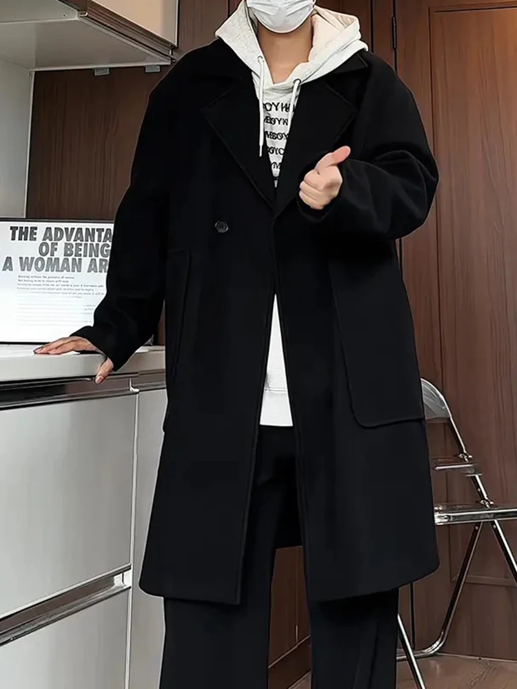 British Style Men's Woolen Coat Autumn Winter Mid-Length Double-Row Button Trendy High-End Black Suit Jacket Casual Wear