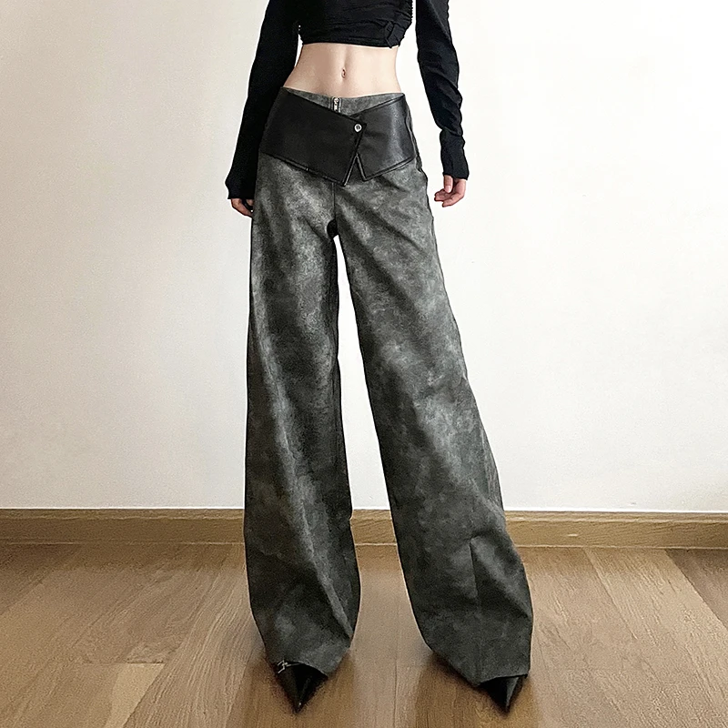 Y 2K E-Girl All Match Pu Patchwork Hoge Taille Vrouwen Broek Chique Mode Harajuku Wijde Pijpen Broek Losse Grunge Pantalones