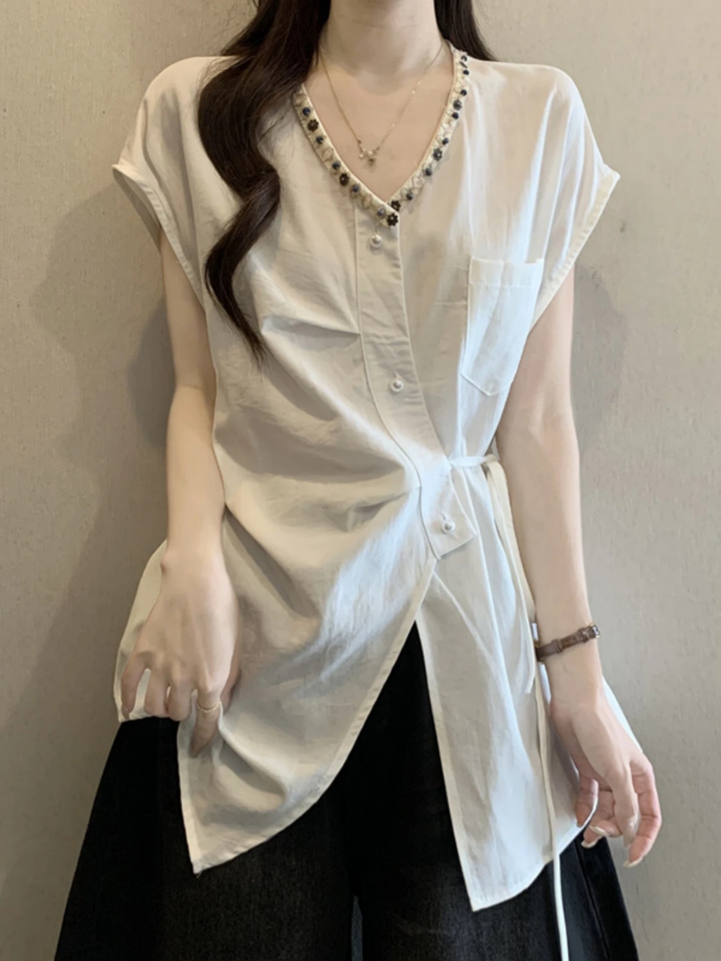 

Women's V-neck Short Sleeve Shirt Summer Loose Fit Belted Waist Cinching Base Layer Top Asymmetrical Design Button Detail