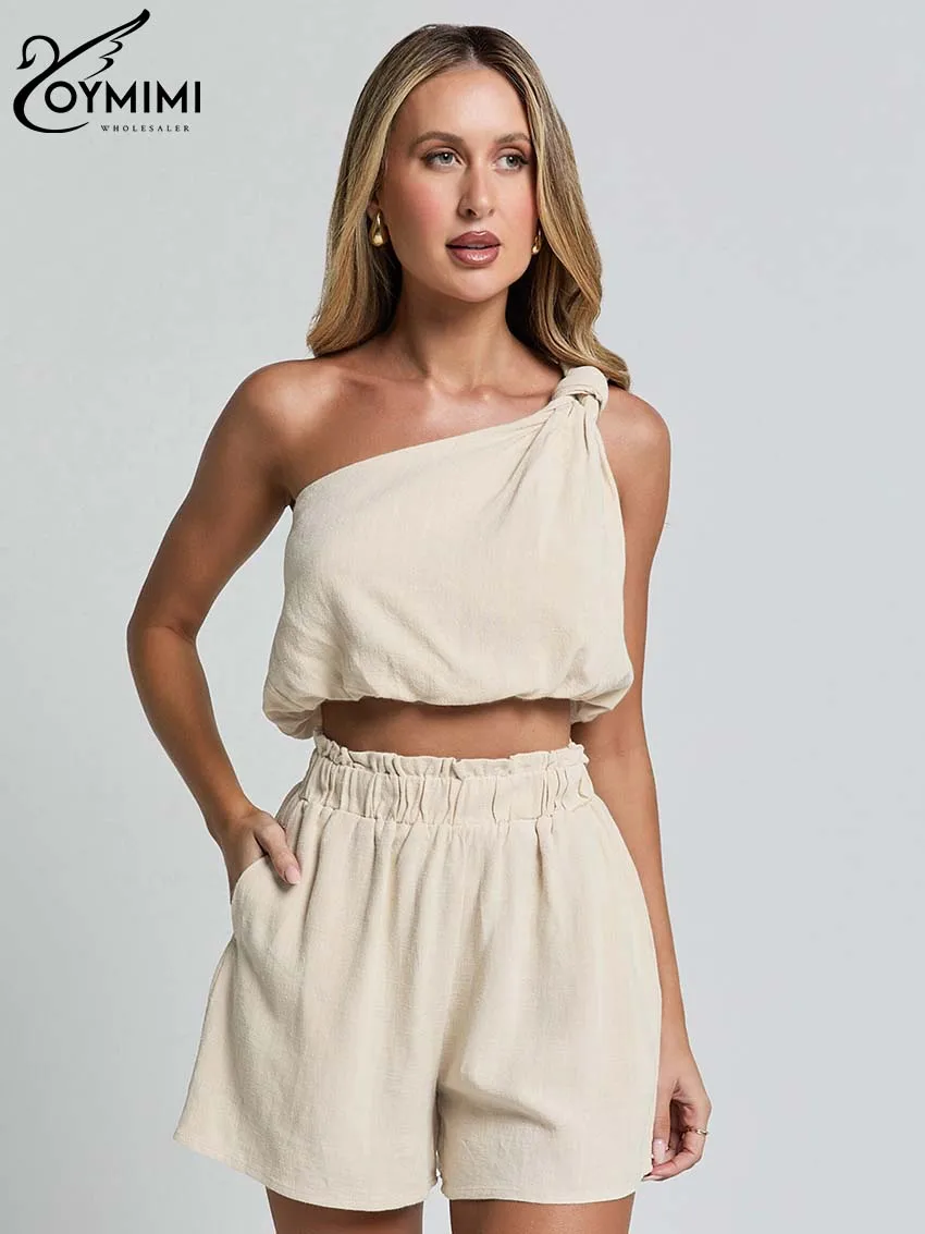 Oymimi Casual Khaki Baumwolle zweiteiliges Set für Damenmode ärmellose Crop-Tops mit einer Schulter und einfache Shorts mit hoher Taille