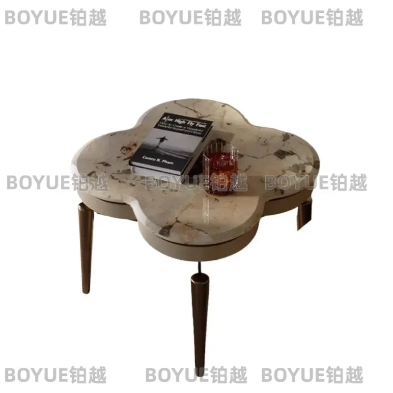 Natural Marble Four Leaf Clover Side Table Yellow Bronze Luxury Stone Coffee Table for Living Room Sofa End Modern Home Decor
