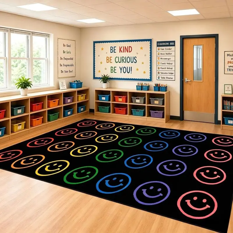 VIKAMA Rainbow Smiley Face Area Rug Classroom Print Non Slip Carpet For Living Room Bedroom Playroom Kids Daycare Colorful Decor