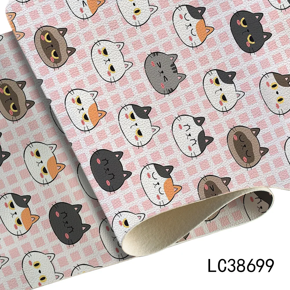 Lámina de Cuero Sintético con Diseño de Gatos y Animales de Dibujos Animados, 22x30cm, Cuero Sintético Tipo Lichi para Manualidades, Pendientes, Lazos para el Cabello, Bolsos