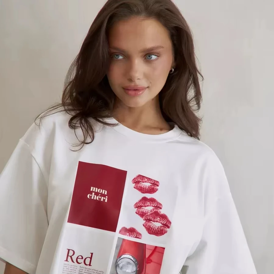 

SKADE Floral Print T-Shirt Pure Cotton Summer Women Short-sleeved Retro High Street Printed Tops